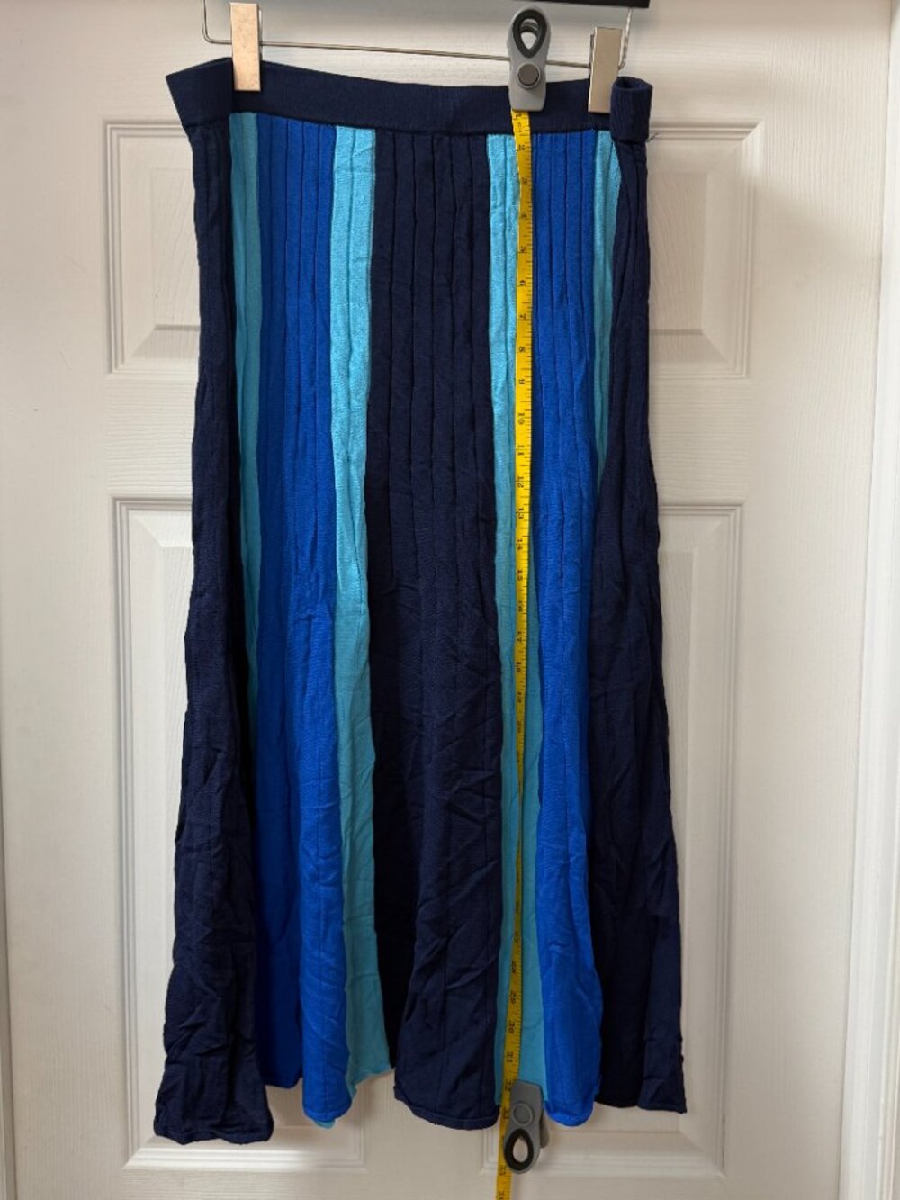 Eva Mendes NY&Co Pleated Midi Skirt XL Blue Navy Aqua Stripe Knit Pull On - Picture 3 of 10